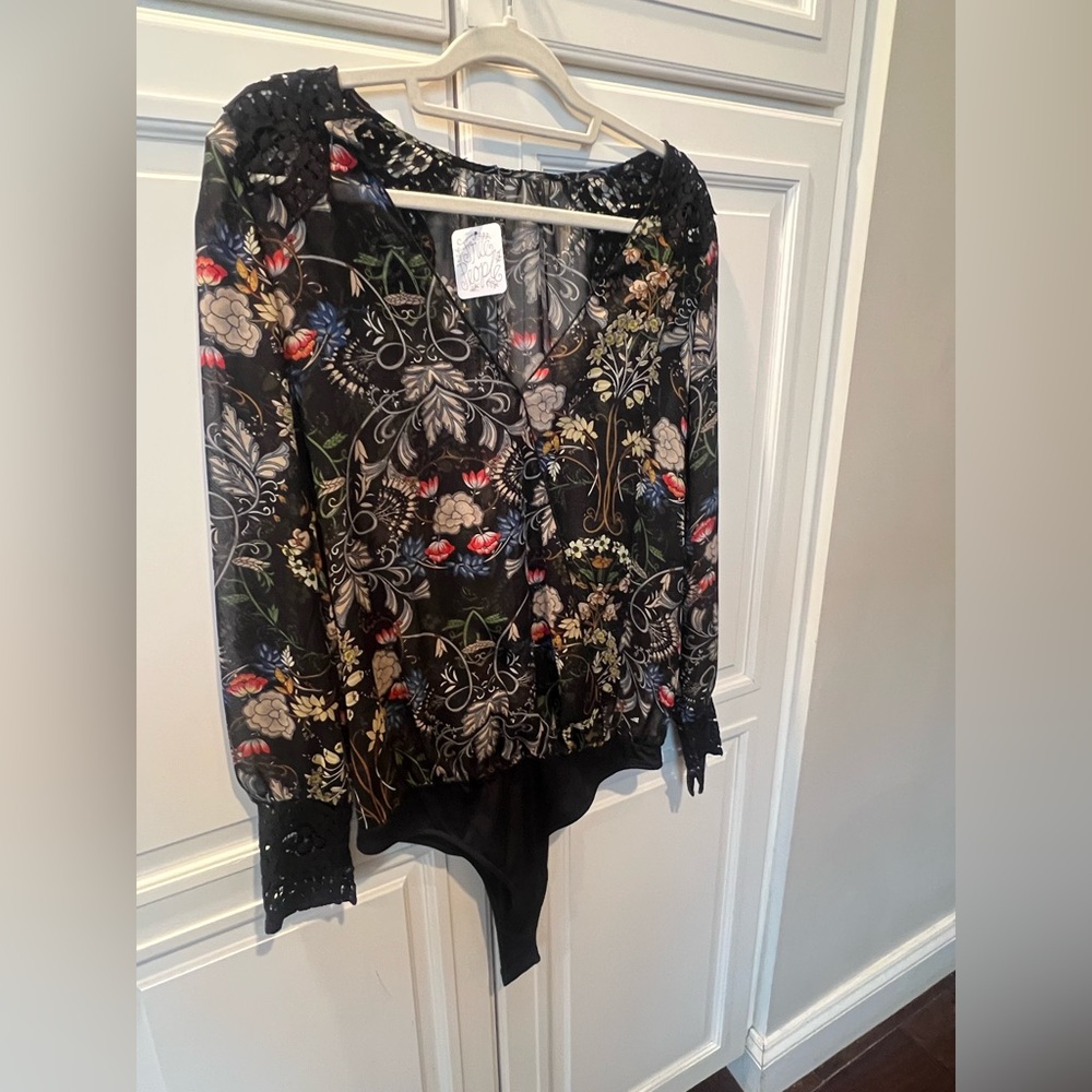 Free People Black Floral Sheer Bodysuit NWT